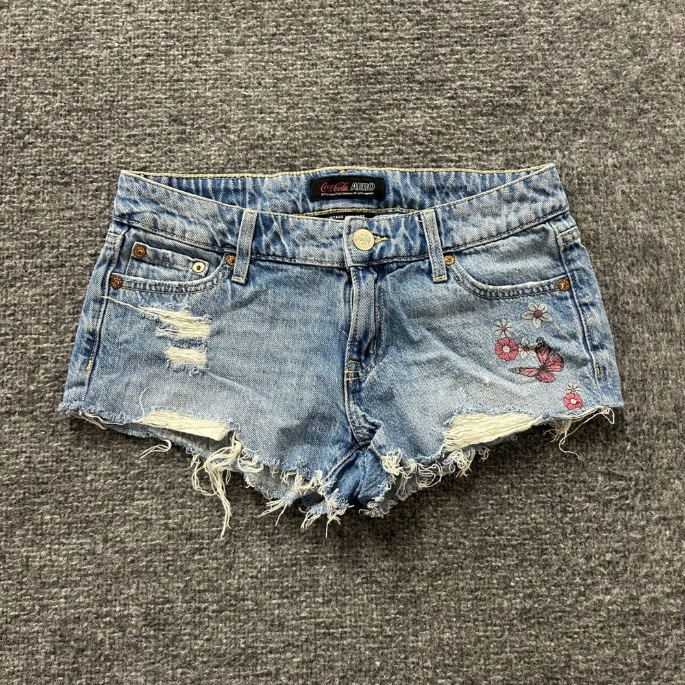 Aeropostale Denim Shorts Womens Size 0 Blue Coca-Cola Low Rise Distressed Cotton